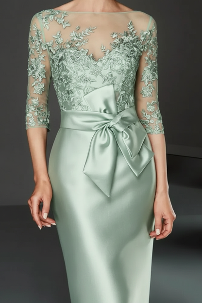 Bateau 3/4 Long Sleeves Satin Mother of the Bride Dresses with Lace