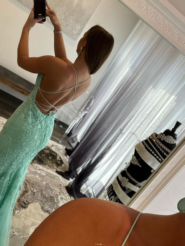 Mint Green Lace Mermaid Backless Long Prom Dresses Sleeveless Evening Dresses