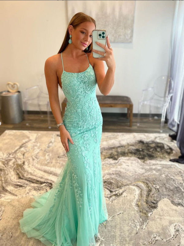 Mint Green Lace Mermaid Backless Long Prom Dresses Sleeveless Evening Dresses