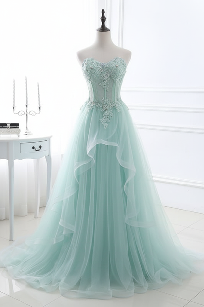 Lace-up Appliques Tulle Long A-line Prom Dress Sky Blue Evening Dress