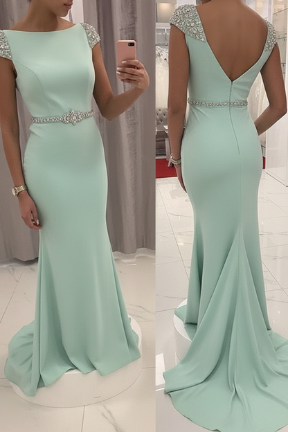 Navy Blue Sequined Fitted Cap Sleeve Mermaid Prom Dress Formal Gown