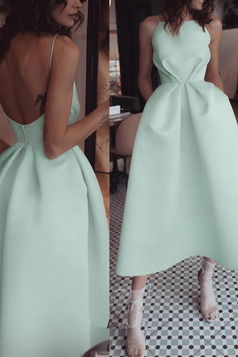 Unique Tea Length Satin Party Spaghetti Straps Backless Prom Dress