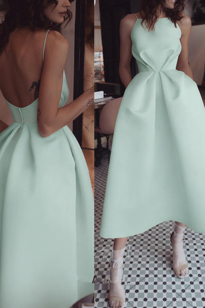 Unique Tea Length Satin Party Spaghetti Straps Backless Prom Dress