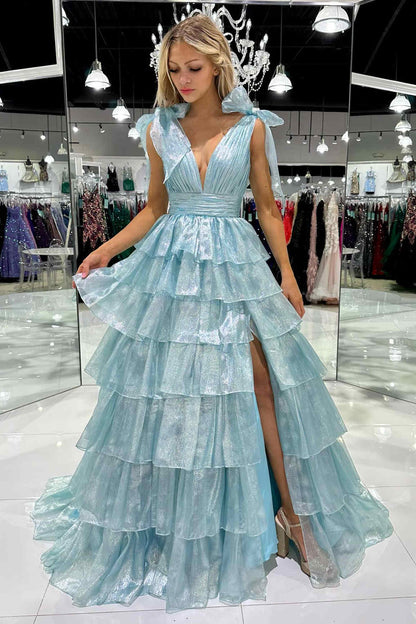 Glitter Tie Straps Pink Plunging Neck Tiered Long Prom Dress