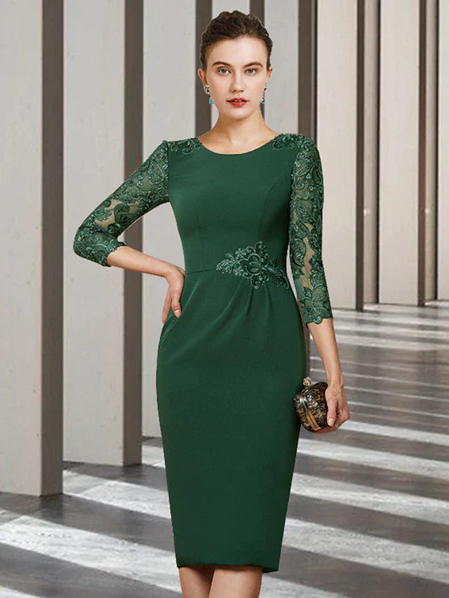 Sheath / Column Mother of the Bride Dress Elegant Jewel Neck Short / Mini Chiffon Lace Long Sleeve with Sash / Ribbon Appliques