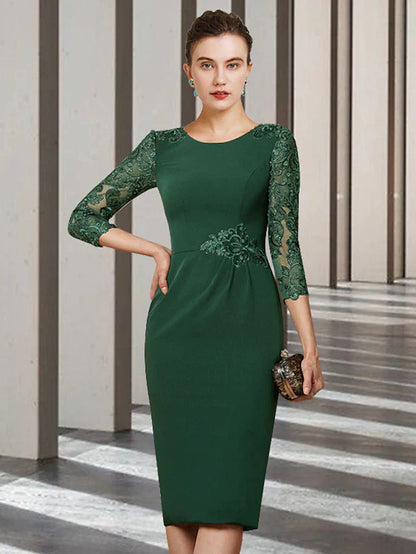 Sheath / Column Mother of the Bride Dress Elegant Jewel Neck Short / Mini Chiffon Lace Long Sleeve with Sash / Ribbon Appliques