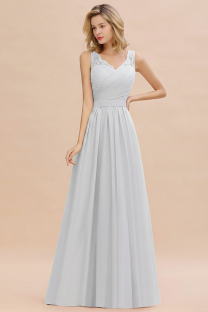 Modest Floral Lace A-line Bridesmaid Dress V-Neck Ruched Chiffon Wedding Guest Dress