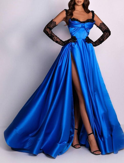 A-Line Evening Gown 1920s Black Dress Formal Masquerade Court Train Sleeveless Spaghetti Strap Satin with Slit