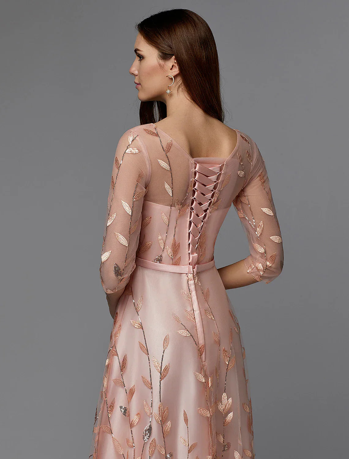 DingjiA-Line Floral Dress Valentine's Day Wedding Guest Floor Length 3/4 Length Sleeve Illusion Neck Bridesmaid Dress Lace with Pattern / Print Appliques