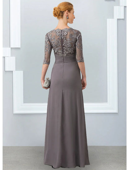 Aimishang  Sheath / Column Mother of the Bride Dress Elegant Jewel Neck Floor Length Chiffon Lace 3/4 Length Sleeve with Appliques