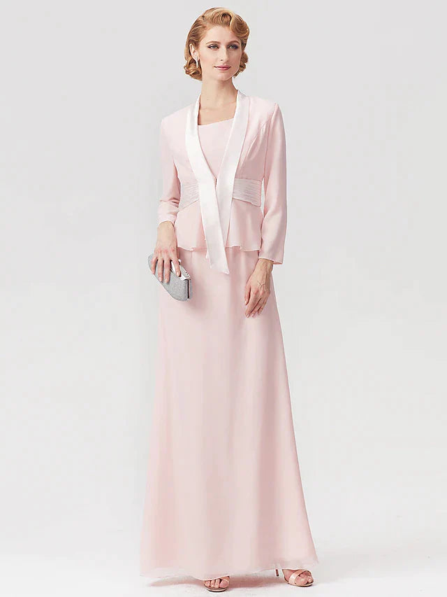 Two Piece A-Line Mother of the Bride Dress Elegant Square Neck Floor Length Chiffon Charmeuse Sleeveless Wrap Included with Ruched
