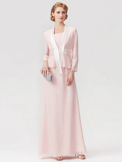 Two Piece A-Line Mother of the Bride Dress Elegant Square Neck Floor Length Chiffon Charmeuse Sleeveless Wrap Included with Ruched