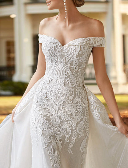 Aimishang Engagement Formal Wedding Dresses Two Piece Off Shoulder Cap Sleeve Court Train Satin Bridal Gowns With Beading Appliques