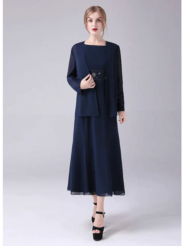 A-Line Mother of the Bride Dress Elegant Sweet Jewel Neck Ankle Length Chiffon Sleeveless with Beading