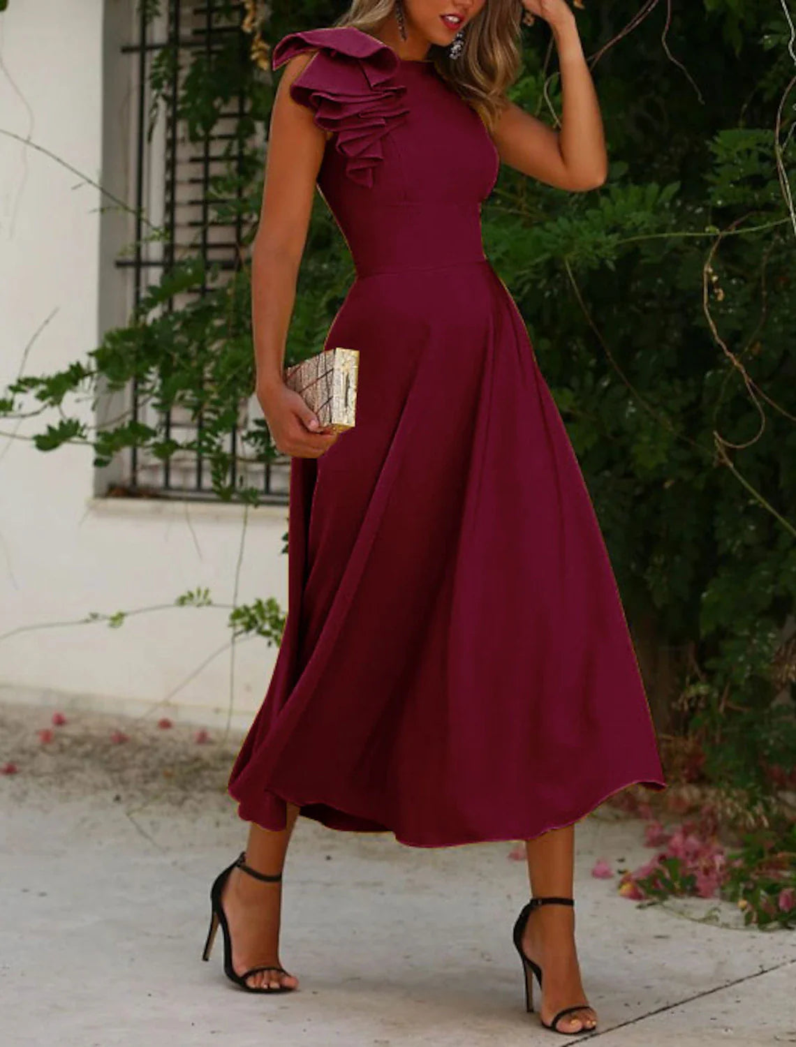 A-Line Cocktail Dresses Elegant Dress Wedding Guest Homecoming Ankle Length Sleeveless Jewel Neck Fall Wedding Guest  Fabric with Ruffles Pure Color