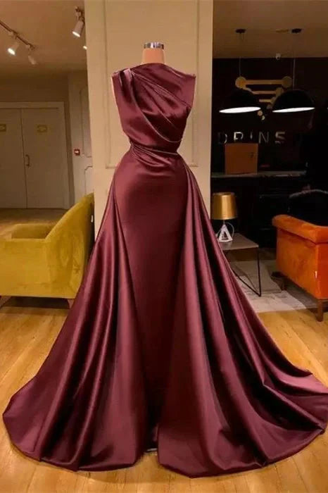 Modern Bugrundy Long Evening Dress Mermaid With Overskirt