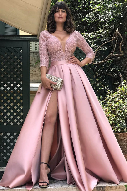 Modern Half Sleeves Satin Long Evening Dress with Slit and Lace