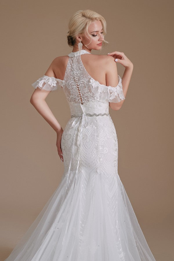 Modern Long Tulle Wedding Dress with Halter and Lace Appliques