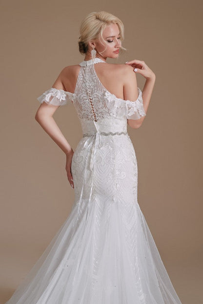 Modern Long Tulle Wedding Dress with Halter and Lace Appliques
