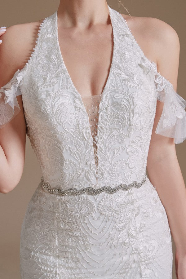 Modern Long Tulle Wedding Dress with Halter and Lace Appliques