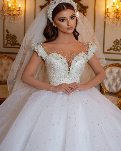 Modern Off-the-Shoulder Beading Wedding Dress with Pearls Tulle