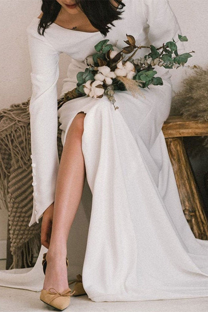 Modern V-Neck Long Sleeve Slit Wedding Dress