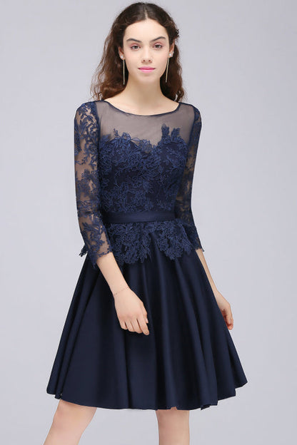 Modest 3/4 Sleeves Short Navy Blue Bridesmaid Dresses Lace Appliques Formal Dress