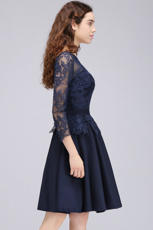 Modest 3/4 Sleeves Short Navy Blue Bridesmaid Dresses Lace Appliques Formal Dress