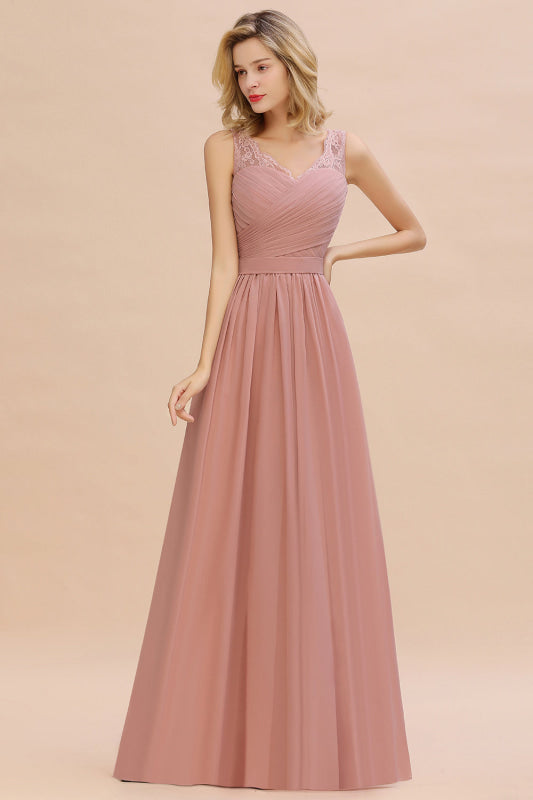 Modest Floral Lace A-line Bridesmaid Dress V-Neck Ruched Chiffon Wedding Guest Dress