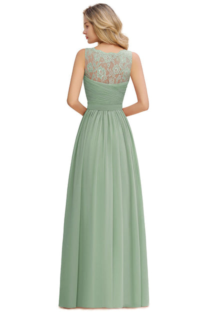 Modest Floral Lace A-line Bridesmaid Dress V-Neck Ruched Chiffon Wedding Guest Dress