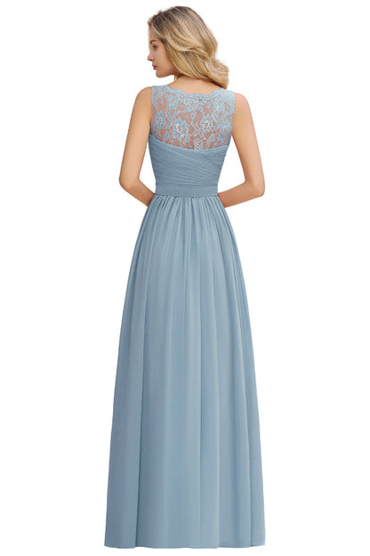 Modest Floral Lace A-line Bridesmaid Dress V-Neck Ruched Chiffon Wedding Guest Dress