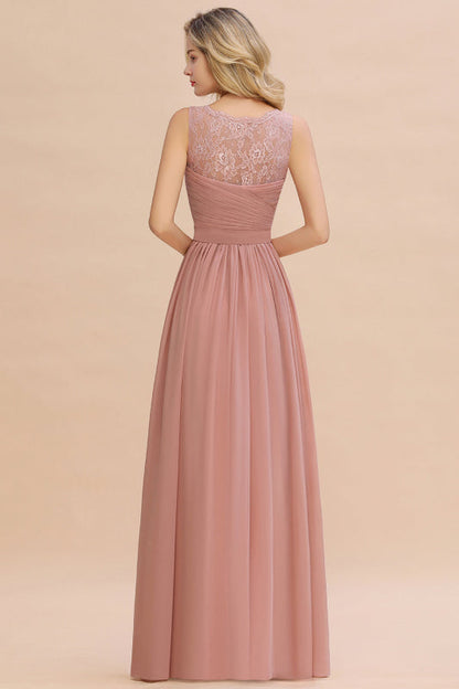 Modest Floral Lace A-line Bridesmaid Dress V-Neck Ruched Chiffon Wedding Guest Dress
