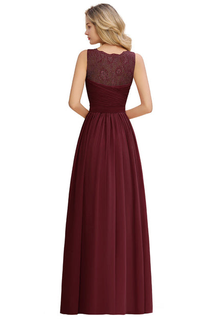 Modest Floral Lace A-line Bridesmaid Dress V-Neck Ruched Chiffon Wedding Guest Dress