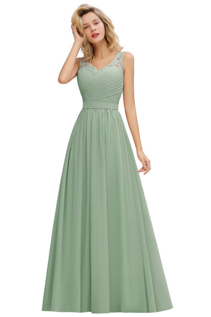 Modest Floral Lace A-line Bridesmaid Dress V-Neck Ruched Chiffon Wedding Guest Dress
