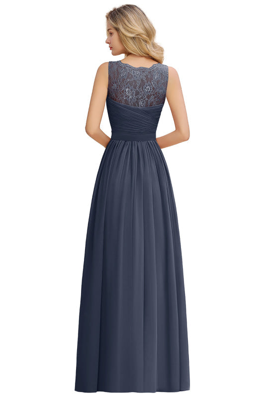Modest Floral Lace A-line Bridesmaid Dress V-Neck Ruched Chiffon Wedding Guest Dress