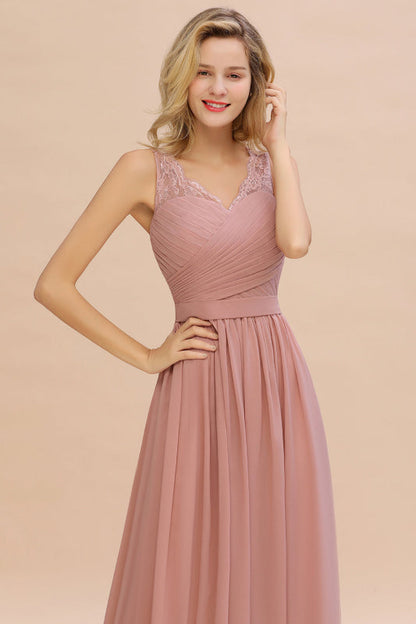 Modest Floral Lace A-line Bridesmaid Dress V-Neck Ruched Chiffon Wedding Guest Dress