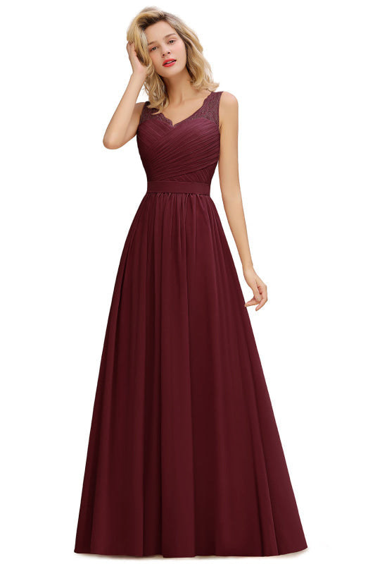 Modest Floral Lace A-line Bridesmaid Dress V-Neck Ruched Chiffon Wedding Guest Dress