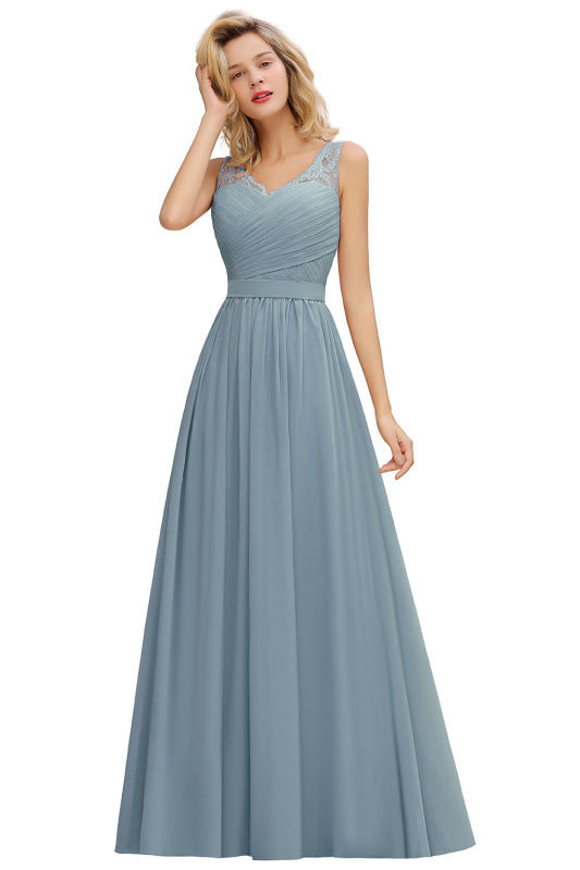 Modest Floral Lace A-line Bridesmaid Dress V-Neck Ruched Chiffon Wedding Guest Dress