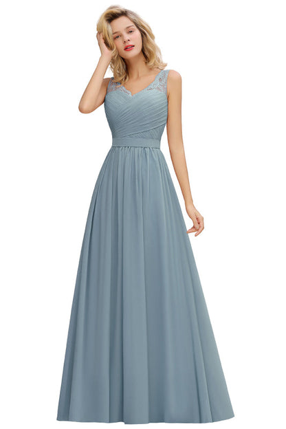 Modest Floral Lace A-line Bridesmaid Dress V-Neck Ruched Chiffon Wedding Guest Dress