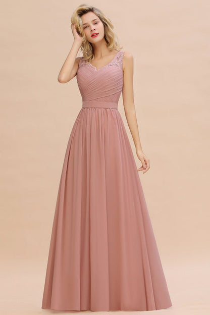 Modest Floral Lace A-line Bridesmaid Dress V-Neck Ruched Chiffon Wedding Guest Dress