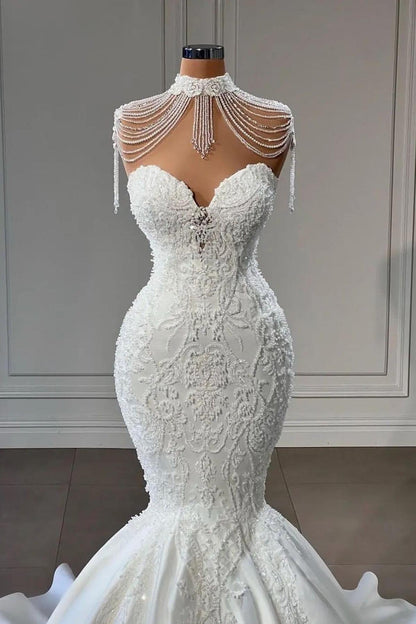 Modest Long Mermaid Sweetheart Pearl Wedding Dress With Lace