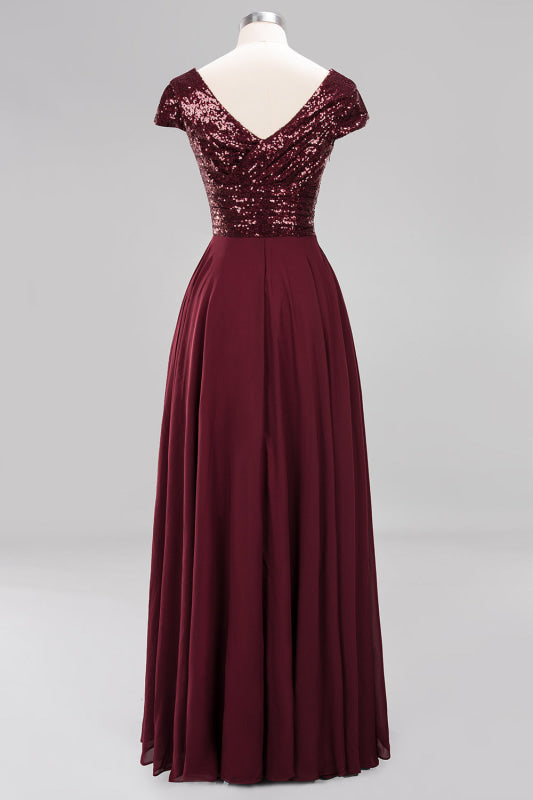 Modest Sequins Aline Chiffon Bridesmaid Dress Burgundy