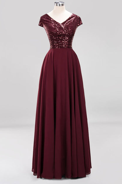 Modest Sequins Aline Chiffon Bridesmaid Dress Burgundy