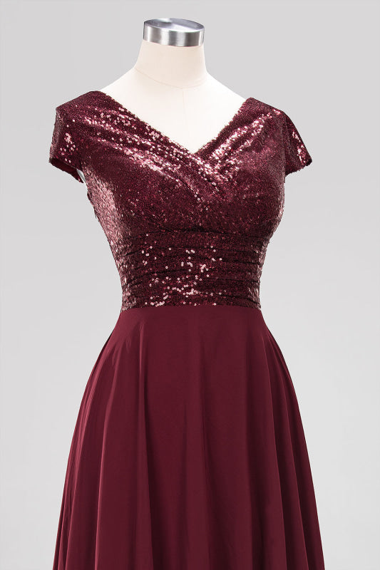 Modest Sequins Aline Chiffon Bridesmaid Dress Burgundy