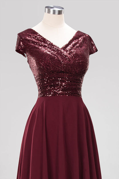 Modest Sequins Aline Chiffon Bridesmaid Dress Burgundy
