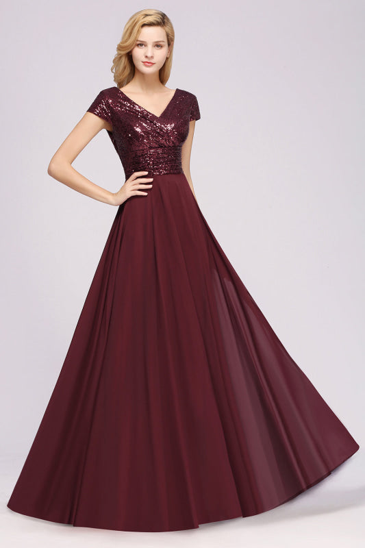 Modest Sequins Aline Chiffon Bridesmaid Dress Burgundy