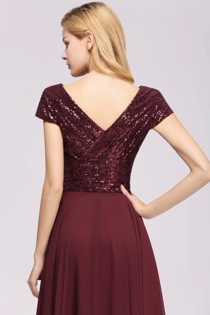 Modest Sequins Aline Chiffon Bridesmaid Dress Burgundy