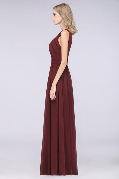 Modest Sleeveless Burgundy Bridesmaid Dresses with Ruffles