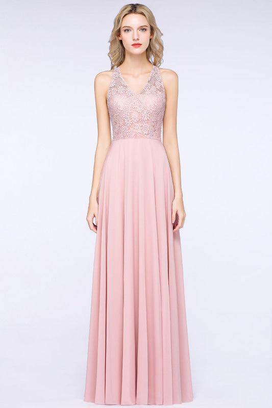 Modest V-Neck Lace Aline Bridesmaid Dresses Chiffon