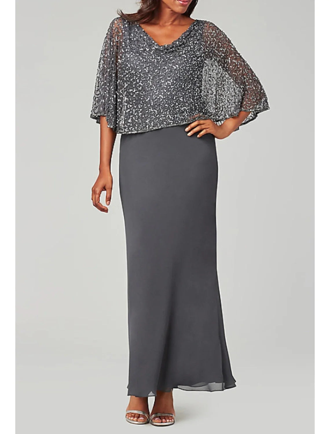 Sheath Mother of the Bride Dress Cape Dress Elegant V Neck Floor Length Chiffon Long Sleeve with Beading Sequin